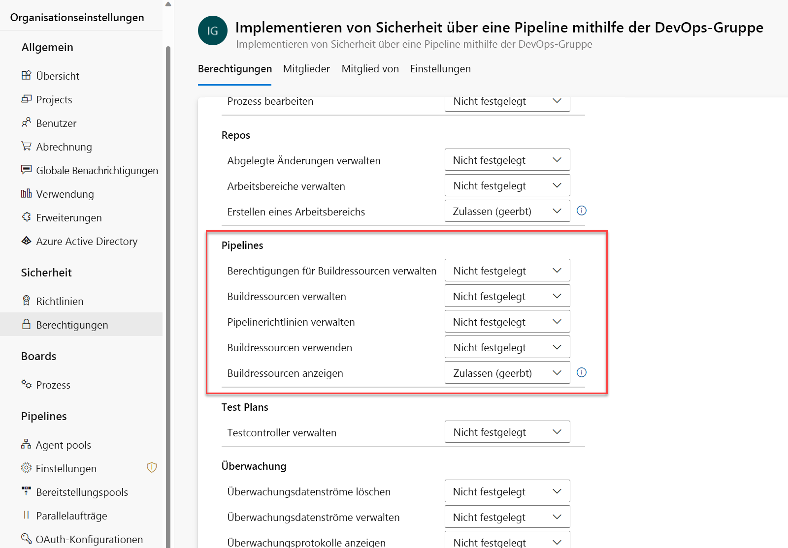 Screenshot of Azure DevOps showing how to manage organization settings permissions for pipelines.