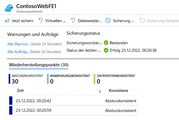 Screenshot mit Wiederherstellungspunkten in einem Recovery Services-Tresor für eine VM-Momentaufnahme im Azure-Portal