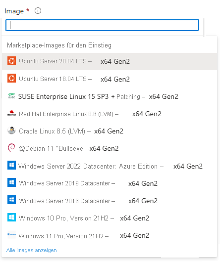 Screenshot that shows disk images for virtual machines in Azure Marketplace.