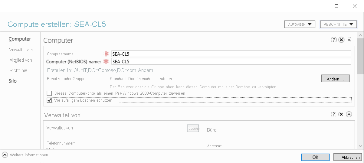 Screenshot: Dialogfeld „Computer erstellen > SEA-CL5“ im Active Directory-Verwaltungscenter