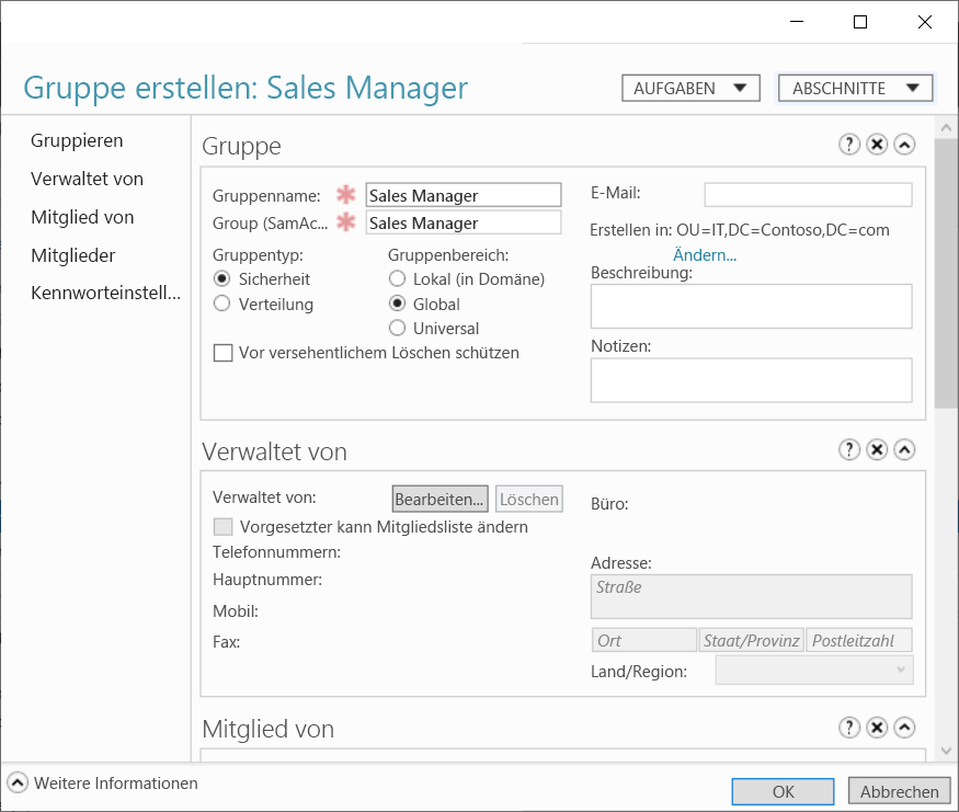 Screenshot: Dialogfeld „Gruppe erstellen > Vertriebsleiter“ im Windows Admin Center