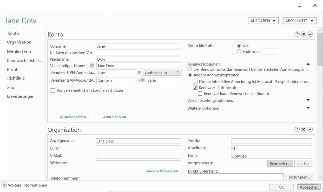 Screenshot: Benutzerkonto von Jane Dow im Active Directory-Verwaltungscenter