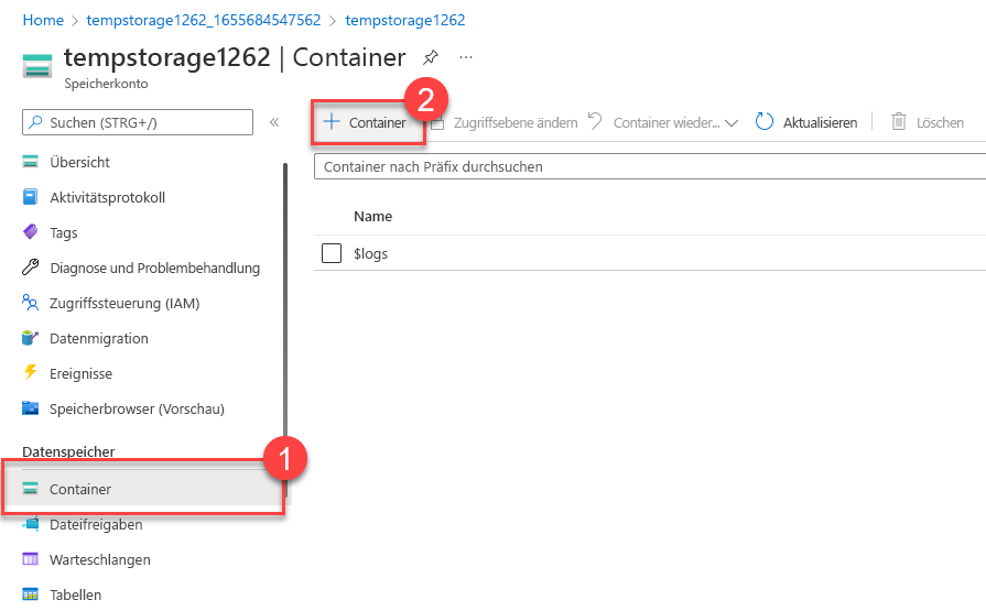 Screenshot of the Container add section of a storage account.