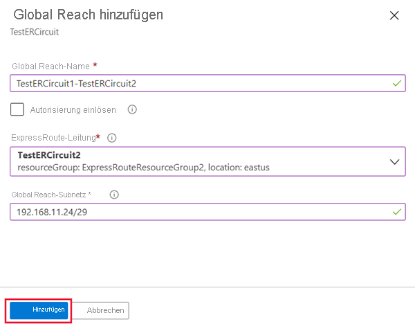 Azure portal - Add GlobalReach details