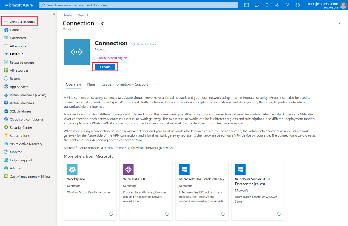 Azure portal - create new connection