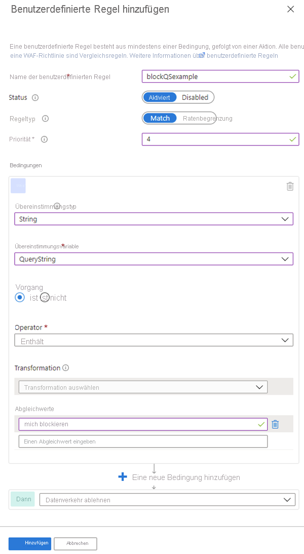 Screenshot that shows the WAF policy custom rule configuration.