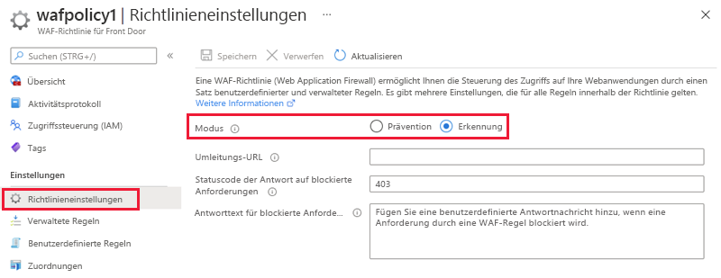 Screenshot that shows the WAF policy modes.