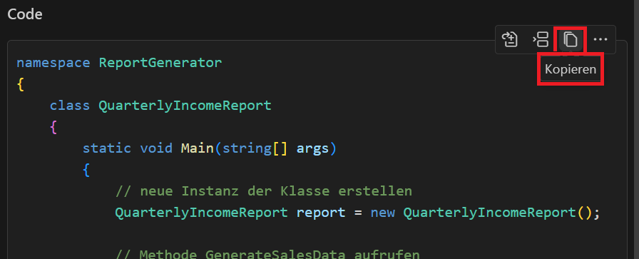 Screenshot: Codeblock in der Chatansicht