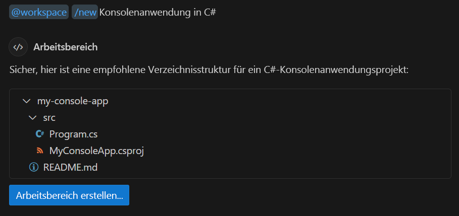 Screenshot: Chat zum Erstellen eines Gerüsts für eine Konsolen-App