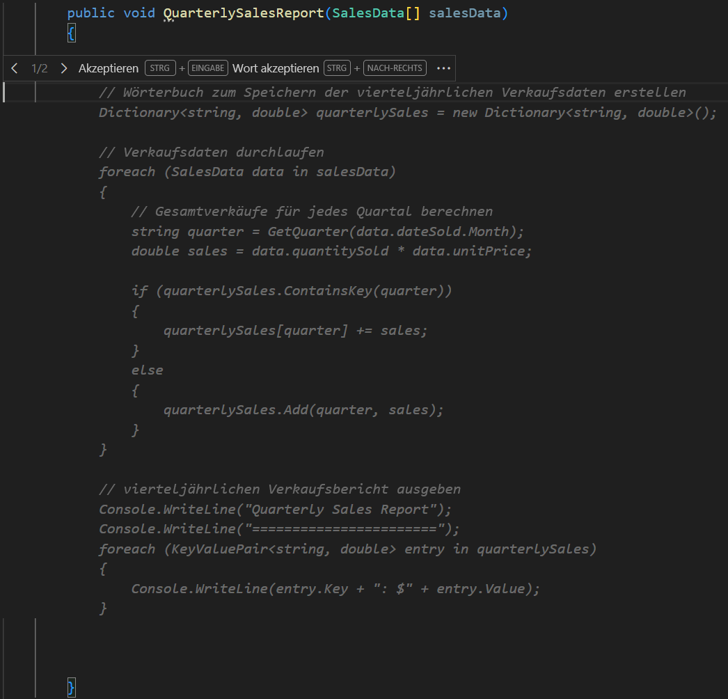 Screenshot eines Codevervollständigungsvorschlags, der Daten für einen Bericht verarbeitet.
