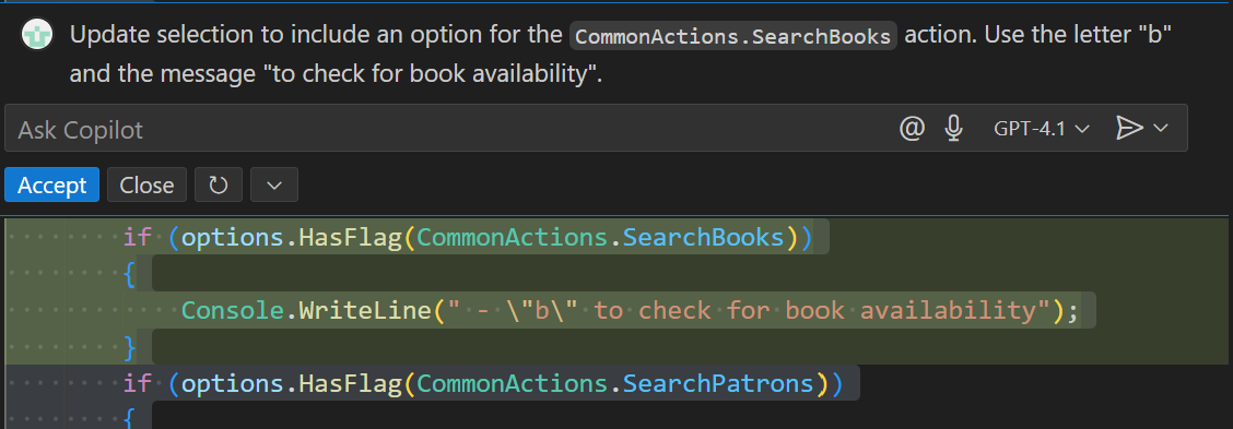Screenshot einer Inlinechatsitzung, in der Code aktualisiert wird.