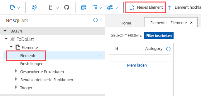 Erstellen eines neuen Elements in der Datenbank