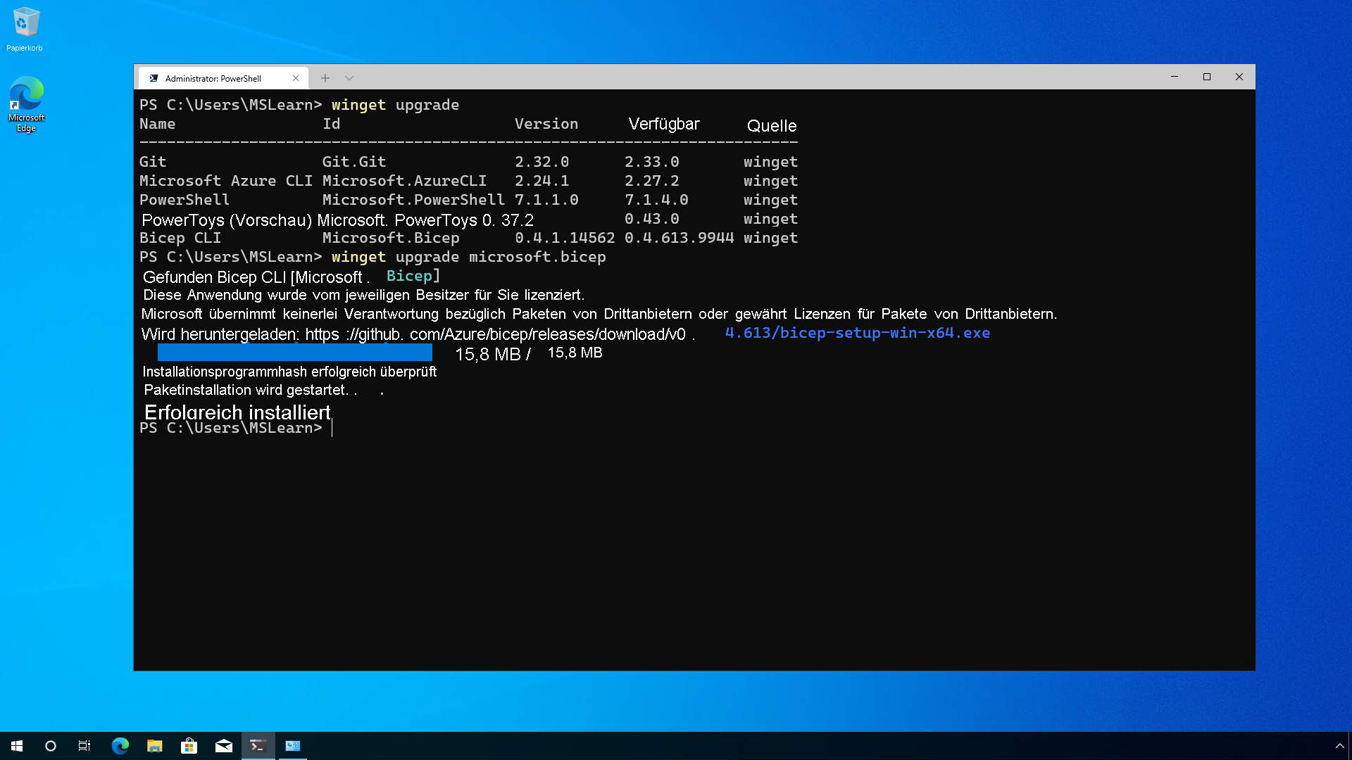 Microsoft Bicep mit dem Windows-Paket-Manager upgraden