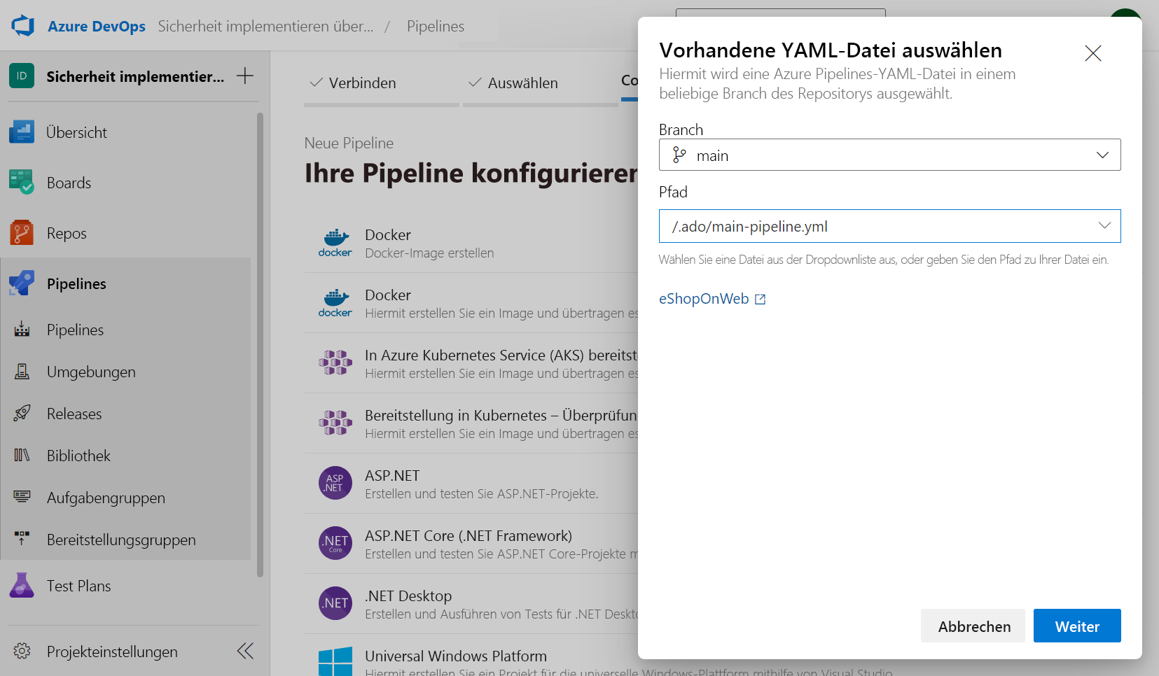 Screenshot of Azure Pipelines showing how to create a new pipeline from an existing template.