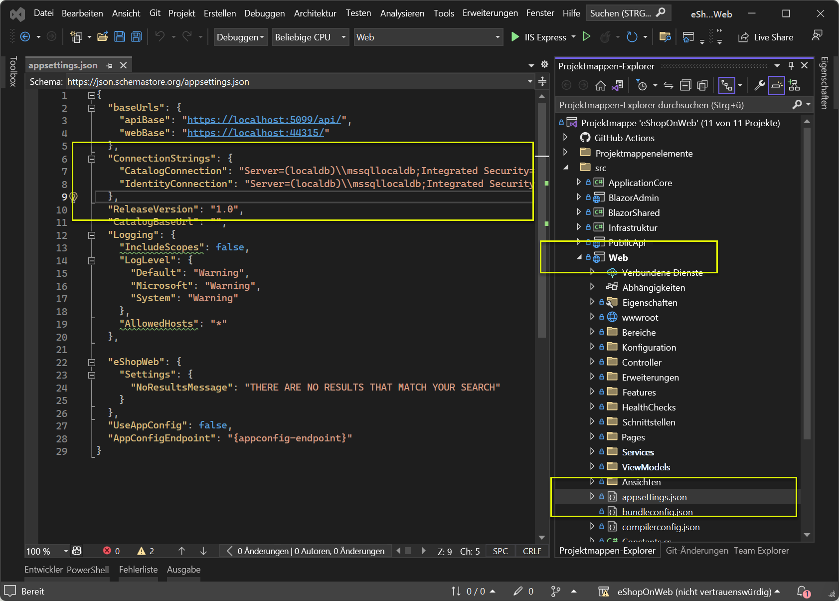 Screenshot of Visual Studio with eShopOnWeb project showing the appsettings.json file.