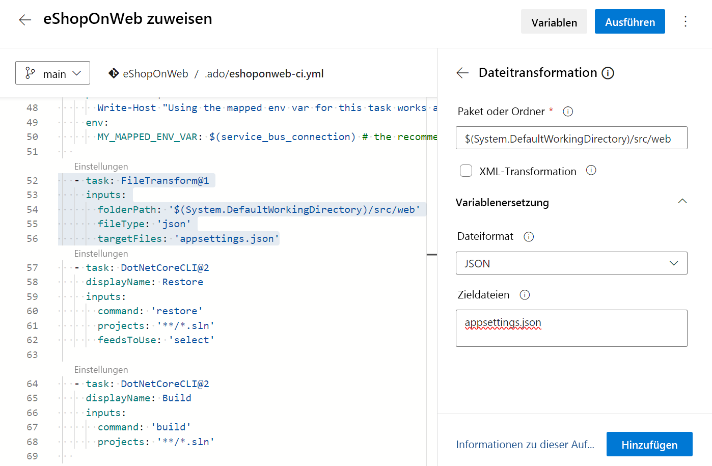 Screenshot of Azure DevOps showing the new task File Transform in the eshoponweb-ci.yml file.