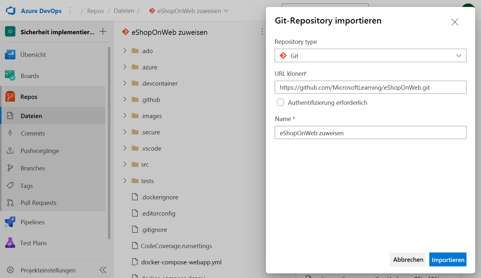 Screenshot of Azure Pipelines showing how to import a git repository from GitHub.
