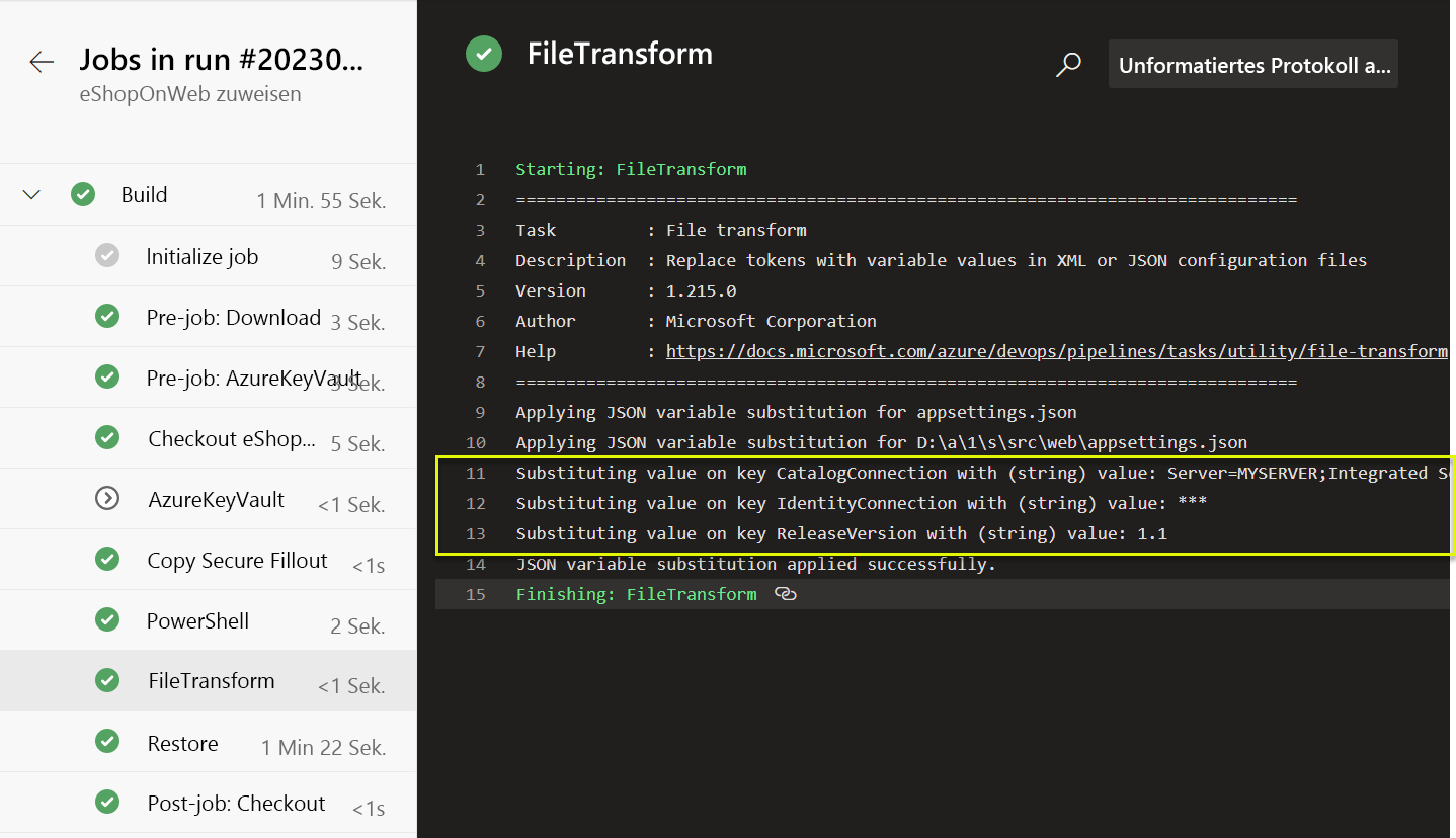 Screenshot of Azure DevOps showing the pipeline log with tokens replaced.