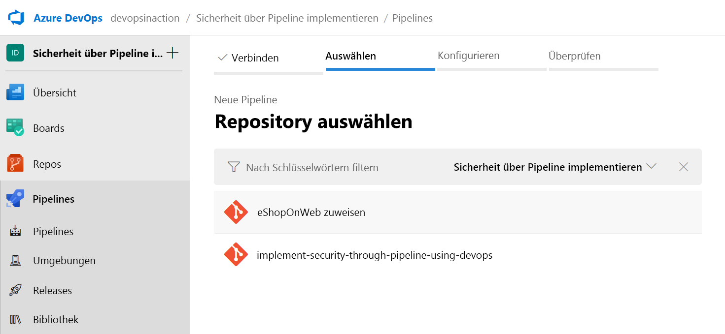 Screenshot of Azure DevOps with eShopOnWeb project showing the appsettings.json file.