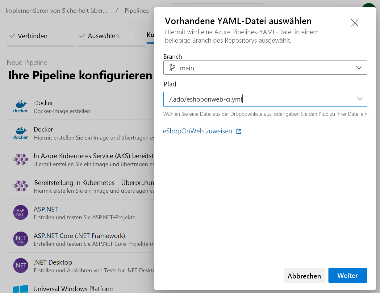 Screenshot of Azure DevOps showing the import of existing eshoponweb-ci.yml file.