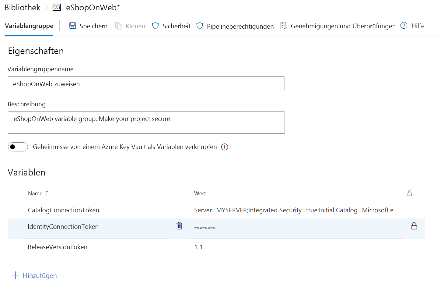Screenshot of Azure DevOps showing the creation of a new variable group.