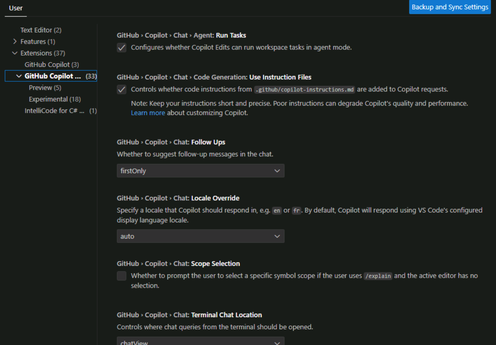 Screenshot der GitHub Copilot Chat-Erweiterungseinstellungen.