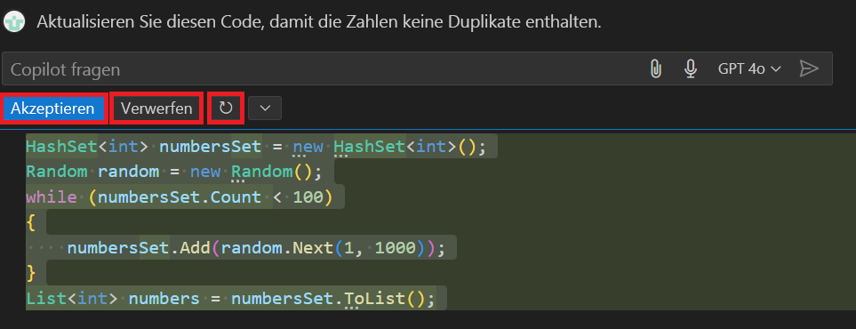 Screenshot mit vorgeschlagenem Update aus dem Inlinechat in Visual Studio Code.