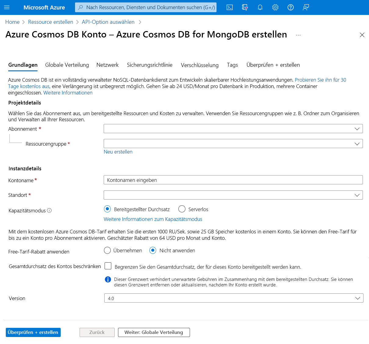 Screenshot der Seite Azure Cosmos DB-Konto erstellen - Azure Cosmos DB für MongoDB erstellen.