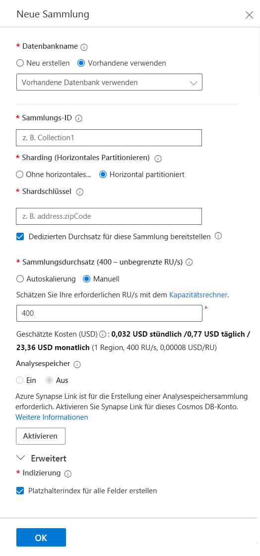 Der Screenshot zeigt die Erstellung einer Azure Cosmos DB für MongoDB-Sammlung.