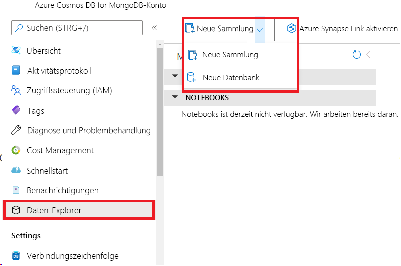 Screenshot zeigt die Erstellung einer Azure Cosmos DB für MongoDB-Datenbank oder -Sammlung.