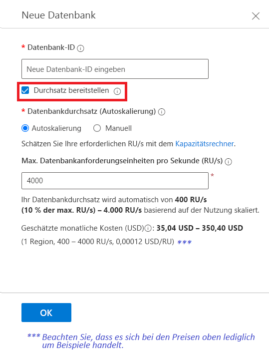 Der Screenshot zeigt die Erstellung einer Azure Cosmos DB für MongoDB-Datenbank.