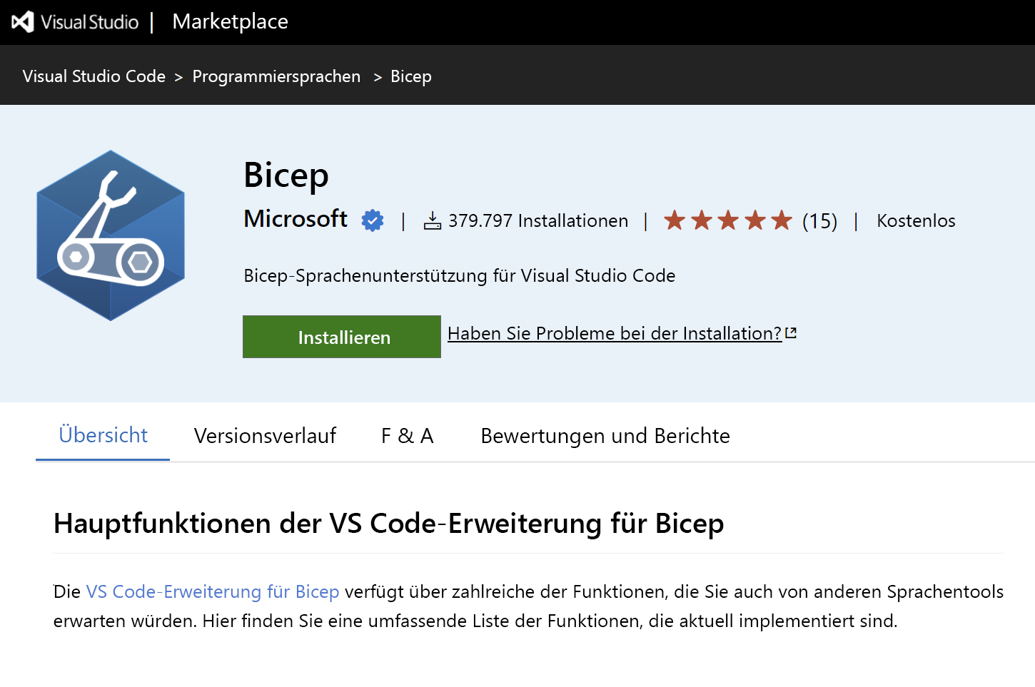 Screenshot der Bicep-Erweiterung vom VS Code Marketplace.