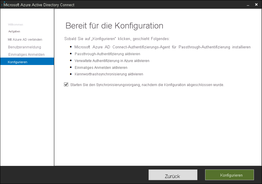 A screenshot of the Microsoft Entra Connect Configuration Wizard, Configure page. The wizard is ready to configure the following settings: install the Microsoft Entra Connect Authentication Agent for pass-through authentication, enable pass-through authentication, enable managed authentication in Azure, enable SSO, and enable password hash synchronization. The administrator has selected the Start the synchronization process when configuration completes check box. 