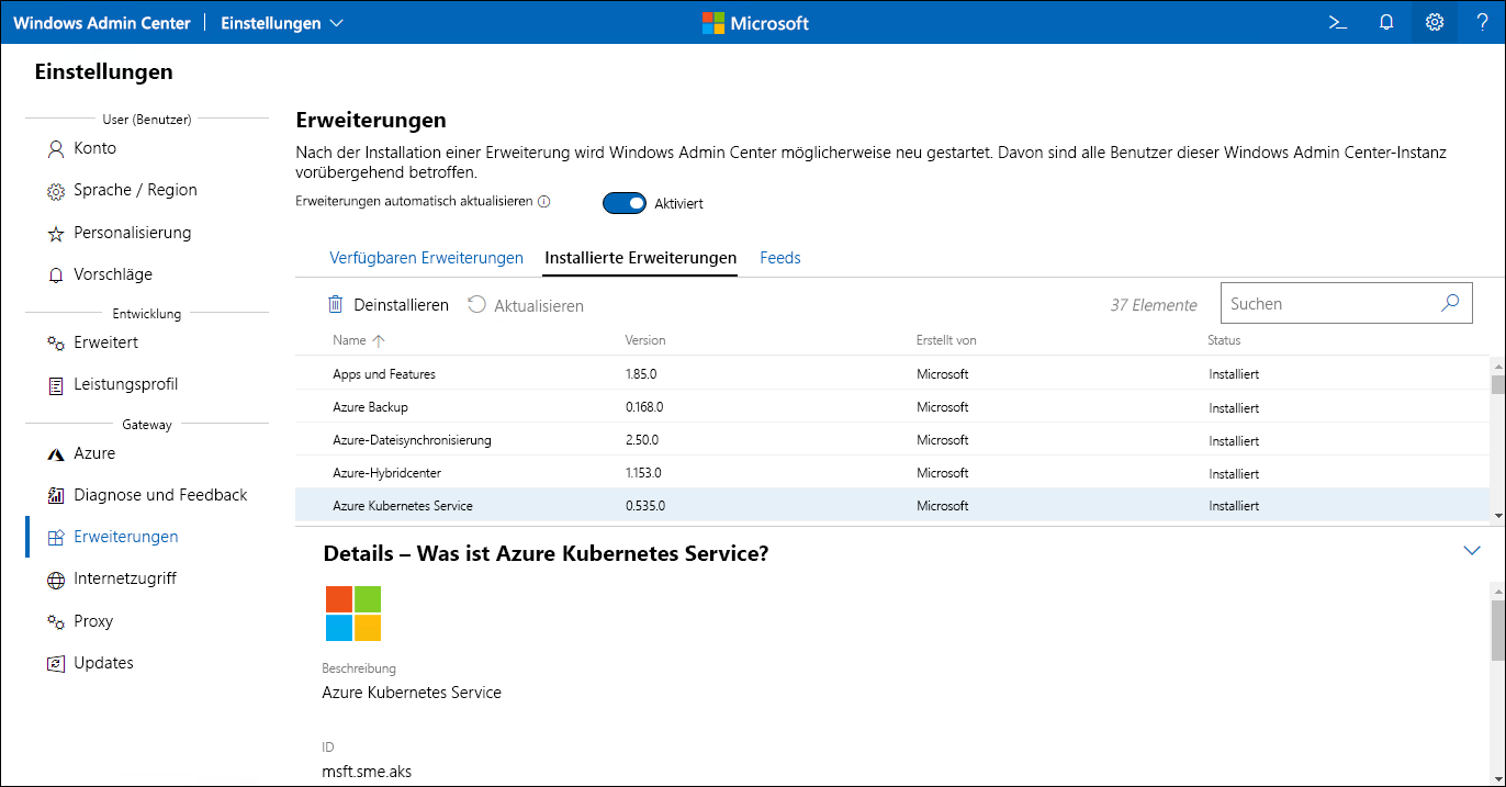 The screenshot depicts the AKS extension installed on Windows Admin Center.