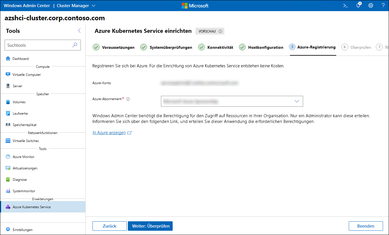 The screenshot depicts the Azure registration step of the Set up Azure Kubernetes Service wizard in Windows Admin Center.