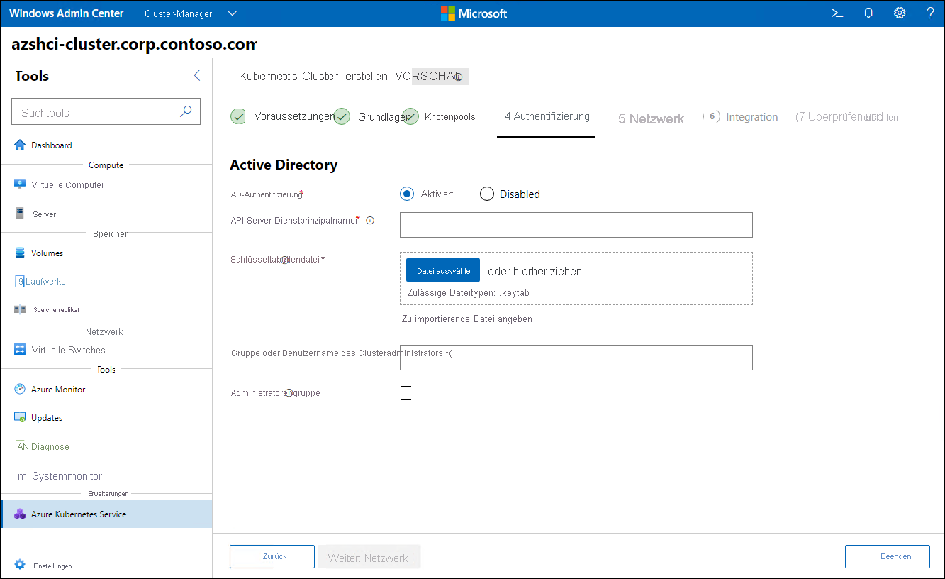 The screenshot depicts the Authentication step of the Create Kubernetes cluster wizard in Windows Admin Center.