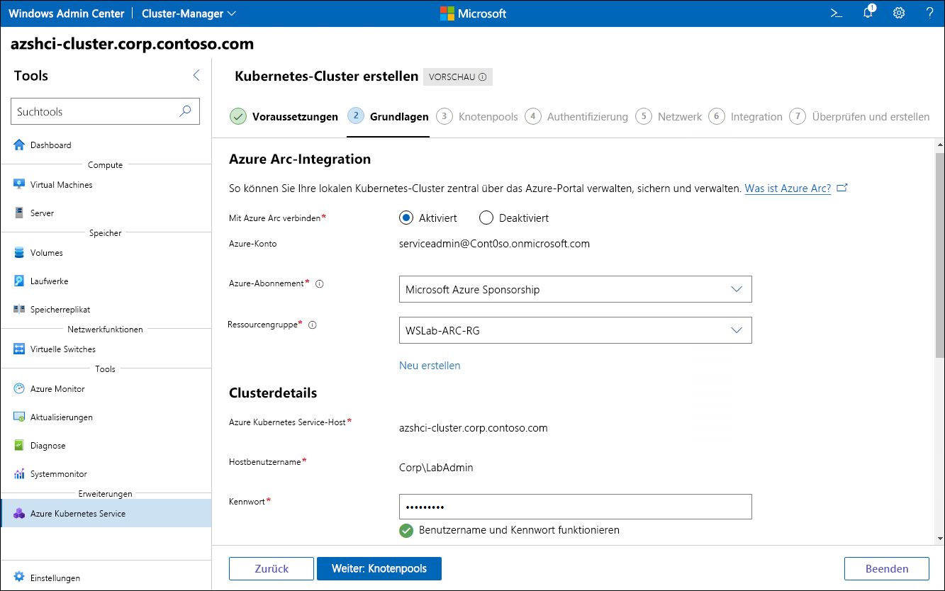 The screenshot depicts the Azure Arc integration settings of the Basics step of the Create Kubernetes cluster wizard in Windows Admin Center.