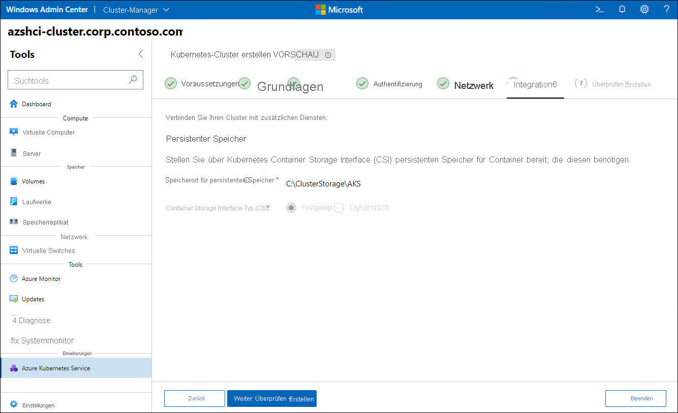 The screenshot depicts the Integration step of the Create Kubernetes cluster wizard in Windows Admin Center.