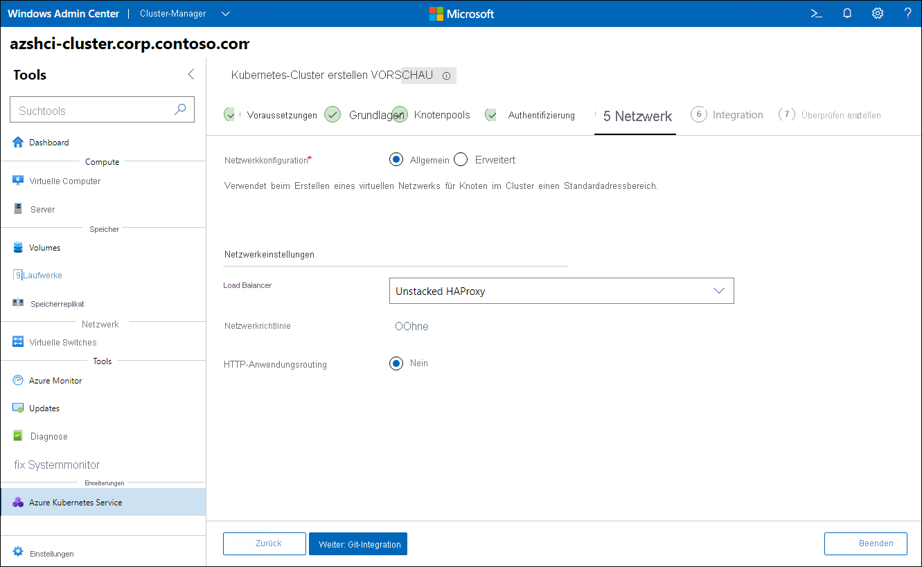 The screenshot depicts the Networking step of the Create Kubernetes cluster wizard in Windows Admin Center.
