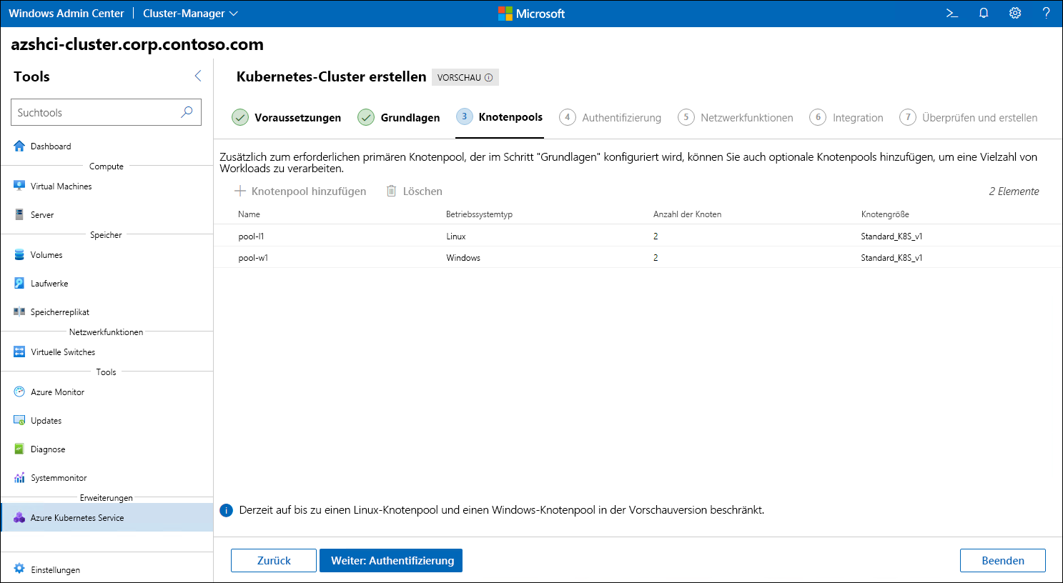 The screenshot depicts the Node pools step of the Create Kubernetes cluster wizard in Windows Admin Center.