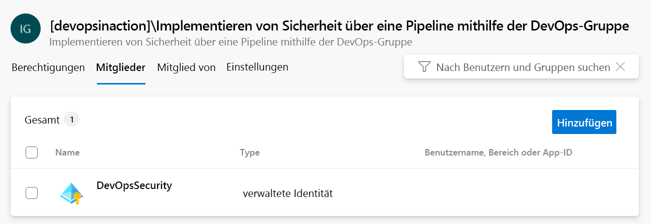 Screenshot of security tab in Azure DevOps adding the new managed identity DevOpsSecurity to the security group.
