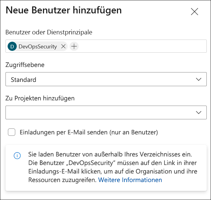 Screenshot of users tab in Azure DevOps adding the new managed identity DevOpsSecurity user.