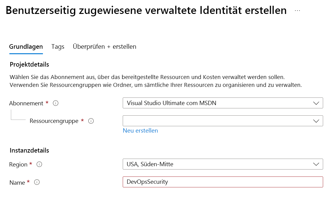 Screenshot of a new managed identity creation named DevOpsSecurity from Azure Portal.