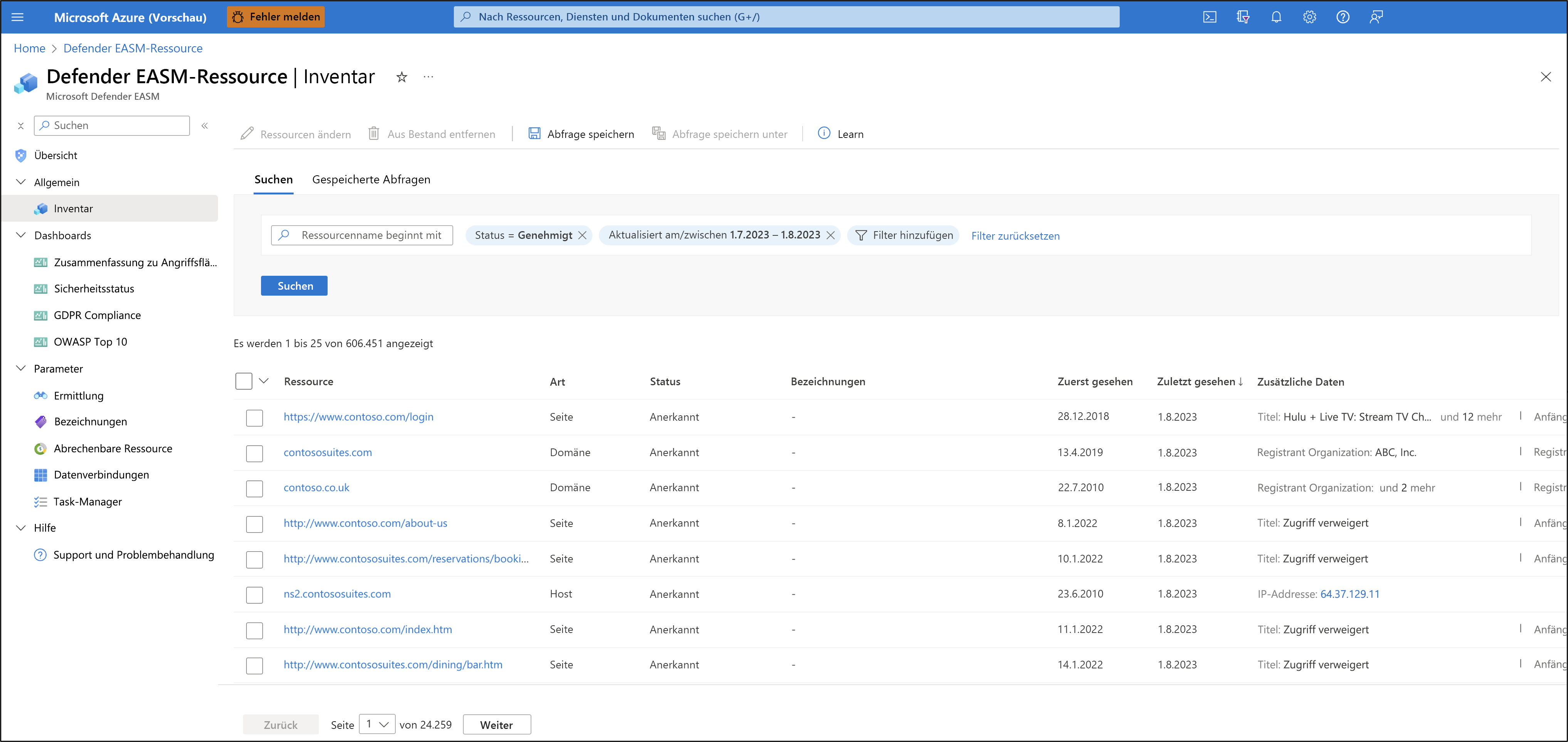 Screenshot der Microsoft Defender External Attack Surface Management-Bestandsseite.