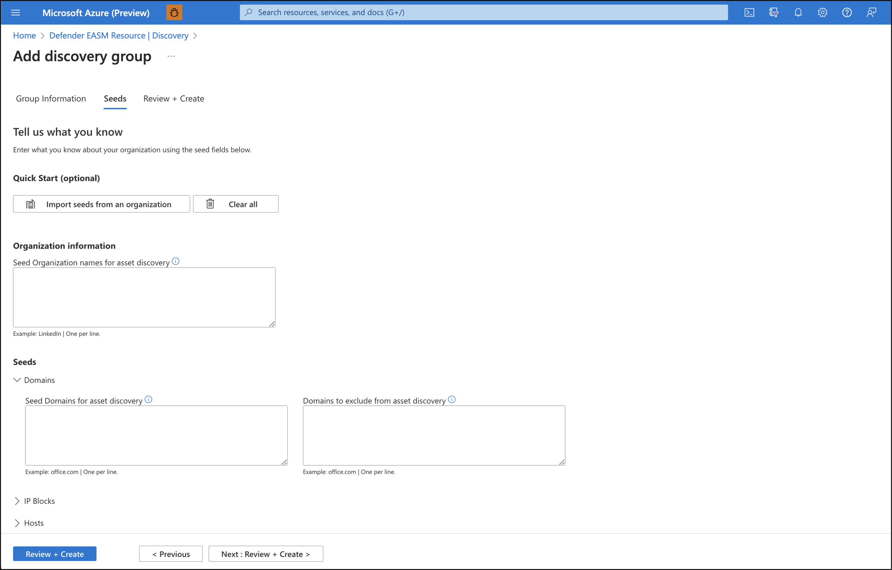 Screenshot der Defender EASM-Seite Ermittlungsgruppe hinzufügen.