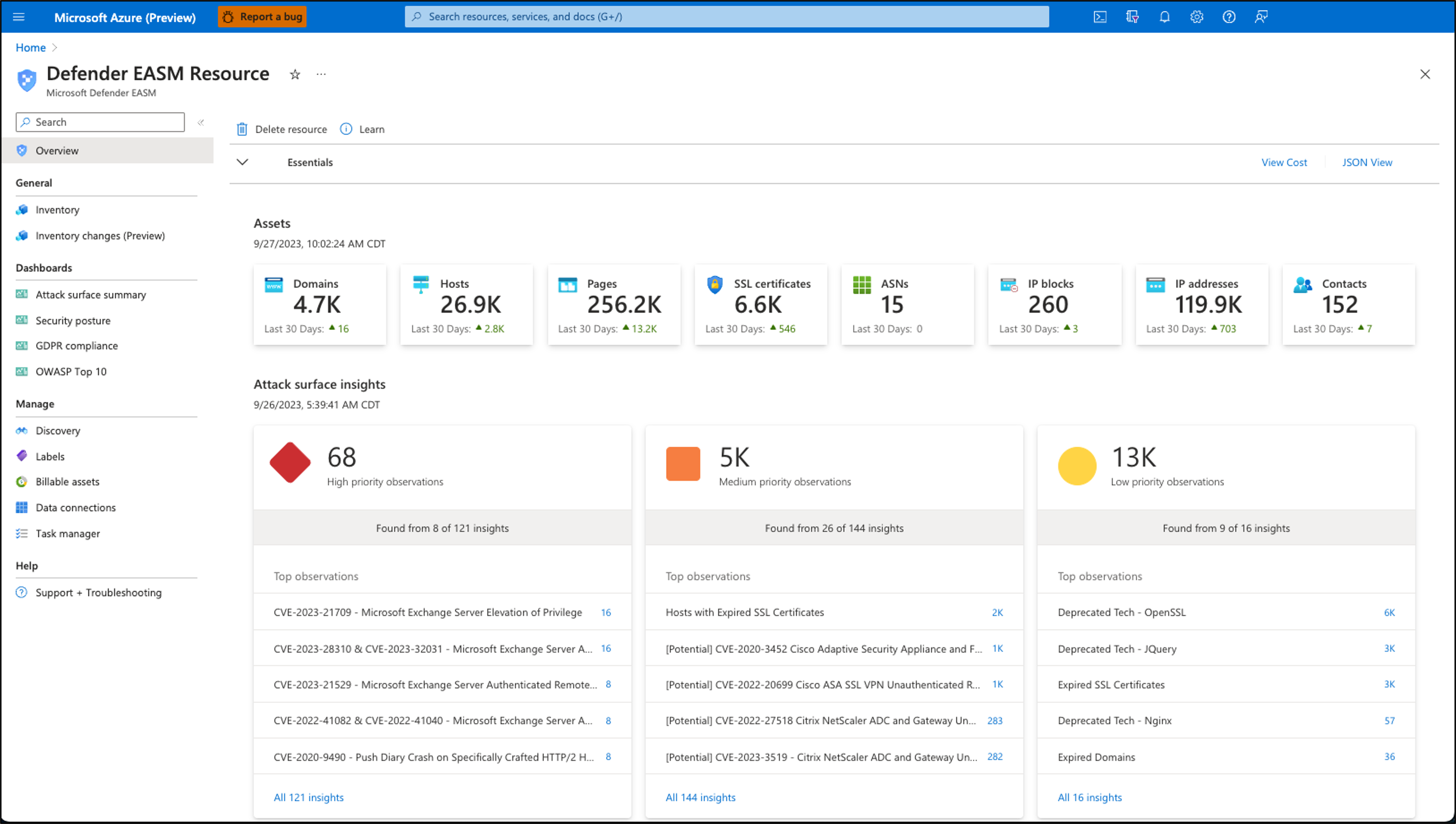Screenshot mit dem Microsoft Defender External Attack Surface Management-Dashboard.