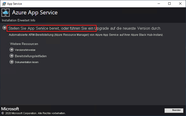 Screenshot that shows how to start the deployment or upgrade process in the App Service installer.