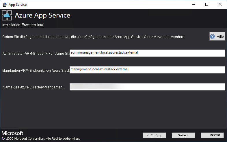Screenshot that shows where to configure the ARM endpoints in the App Service installer.