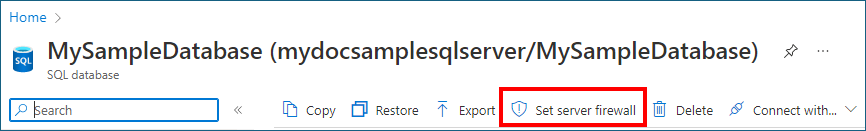 Screenshot: Beispiel für die Symbolleiste für die SQL-Datenbank-Firewalleinstellungen