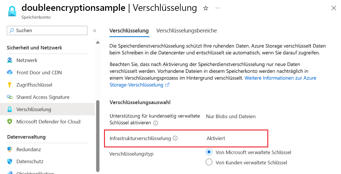 Screenshot zeigt, wie Sie überprüfen können, ob die Infrastrukturverschlüsselung für ein Speicherkonto aktiviert ist.